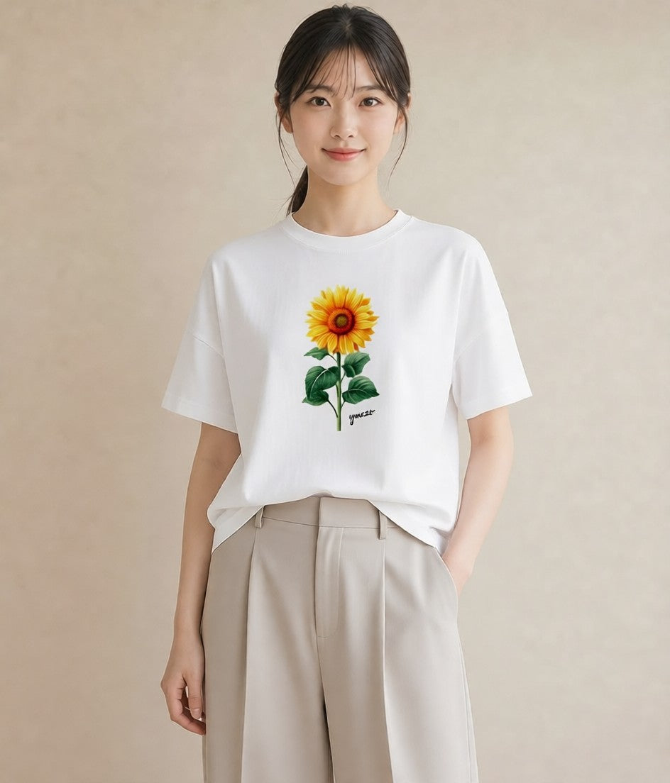 プリントTシャツ レディース ひまわり 向日葵 花 花柄 イラスト シンプル ビーチ デイリーウェア 白T YMAZO