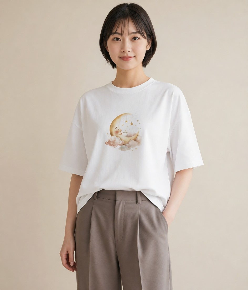 プリントTシャツ レディース 月 星空 宇宙 イラスト きれいめ 社会人 女性 白T YMAZO