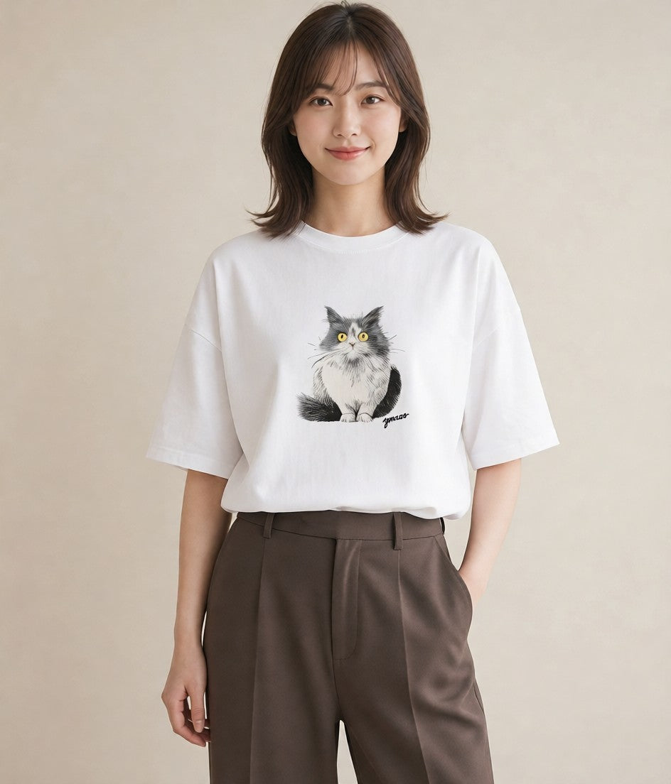 グラフィックTシャツ レディース 猫 ねこ イラスト ミニマル ルームウェア ギフト 白T YMAZO