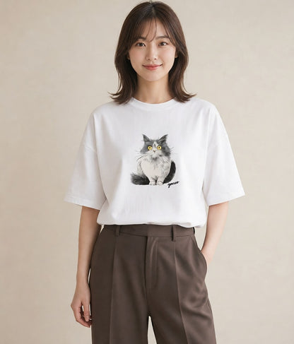グラフィックTシャツ レディース 猫 ねこ イラスト ミニマル ルームウェア ギフト 白T YMAZO