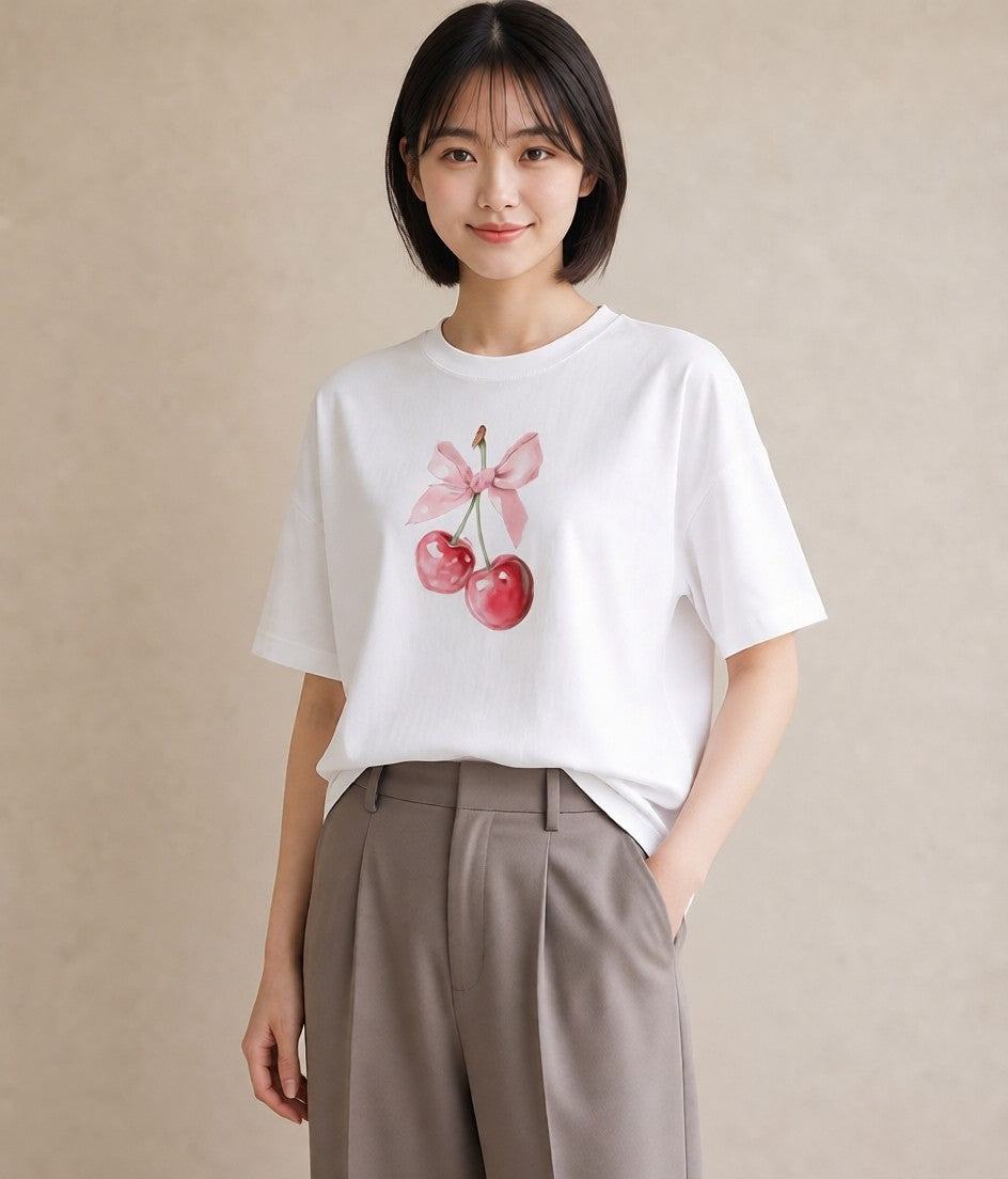 デザインTシャツ レディース さくらんぼ チェリー 食べ物 フード イラスト 20代 カジュアルコーデ 白T YMAZO