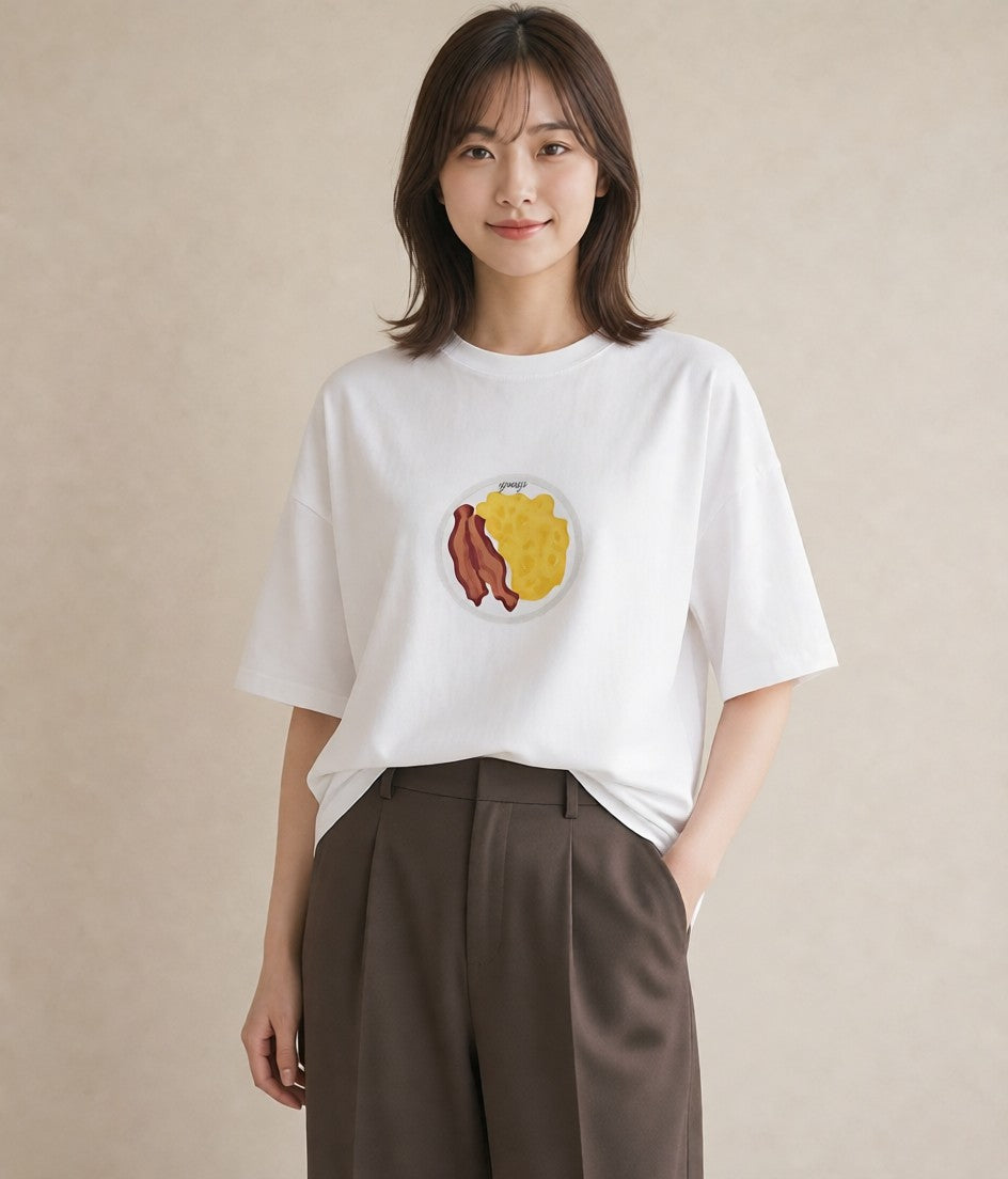 半袖Tシャツ レディース 目玉焼き 食べ物 フード イラスト カジュアル 敬老の日 ホワイトデー 白T YMAZO