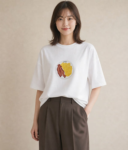 半袖Tシャツ レディース 目玉焼き 食べ物 フード イラスト カジュアル 敬老の日 ホワイトデー 白T YMAZO