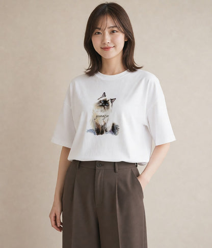 デザインTシャツ レディース ブリティッシュショートヘア 猫 ねこ イラスト シック ミセス 春コーデ 白T YMAZO