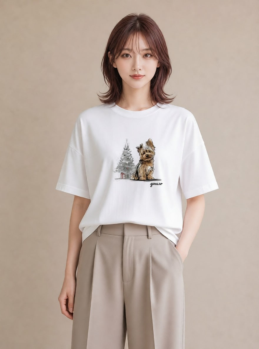 プリントTシャツ レディース ヨークシャーテリア 犬 いぬ イラスト ニュアンス 綿100 デート 白T YMAZO