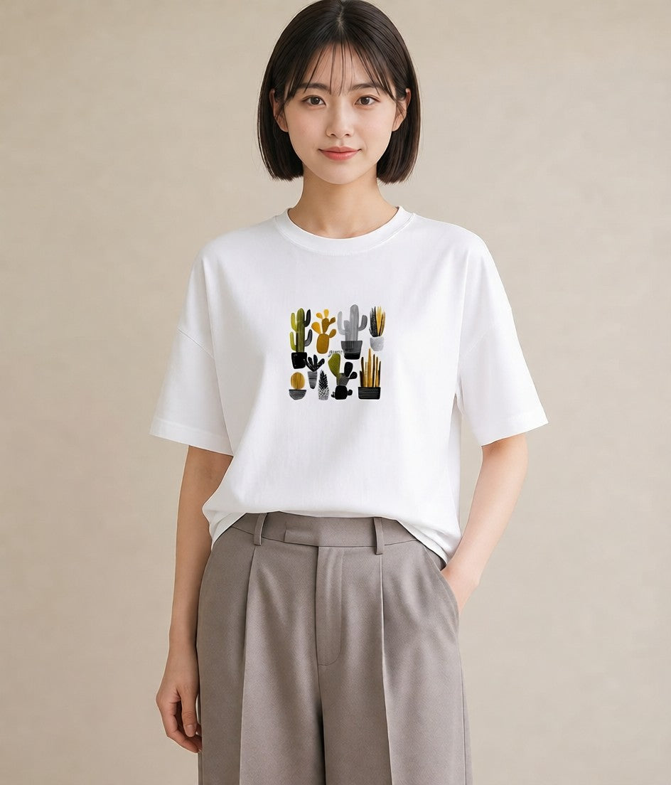 Tシャツ レディース サボテン 植物 ボタニカル イラスト 個性的 ホワイトデー 春服 白T YMAZO