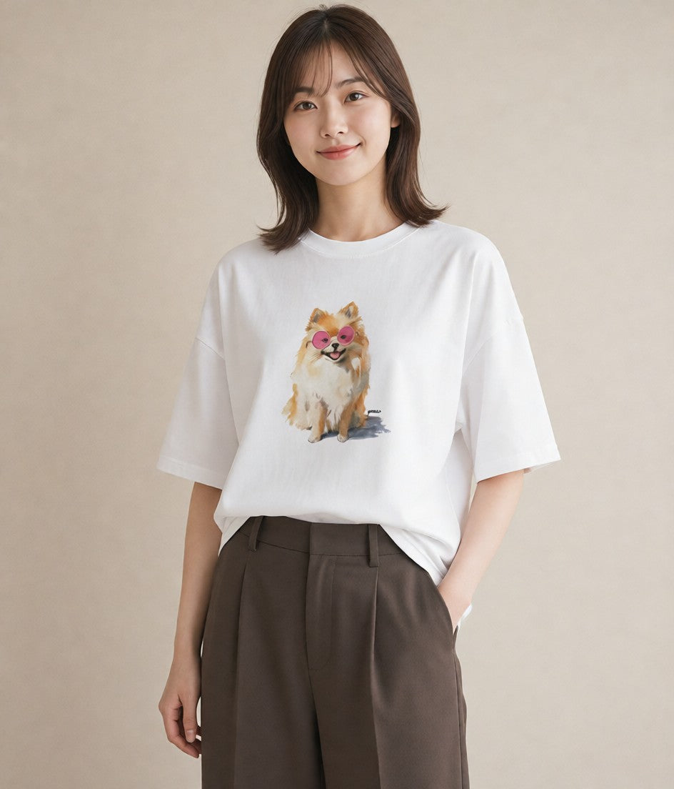 半袖Tシャツ レディース ポメラニアン ポメ 犬 いぬ イラスト ラフ 綿100 デート 白T YMAZO