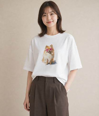 半袖Tシャツ レディース ポメラニアン ポメ 犬 いぬ イラスト ラフ 綿100 デート 白T YMAZO