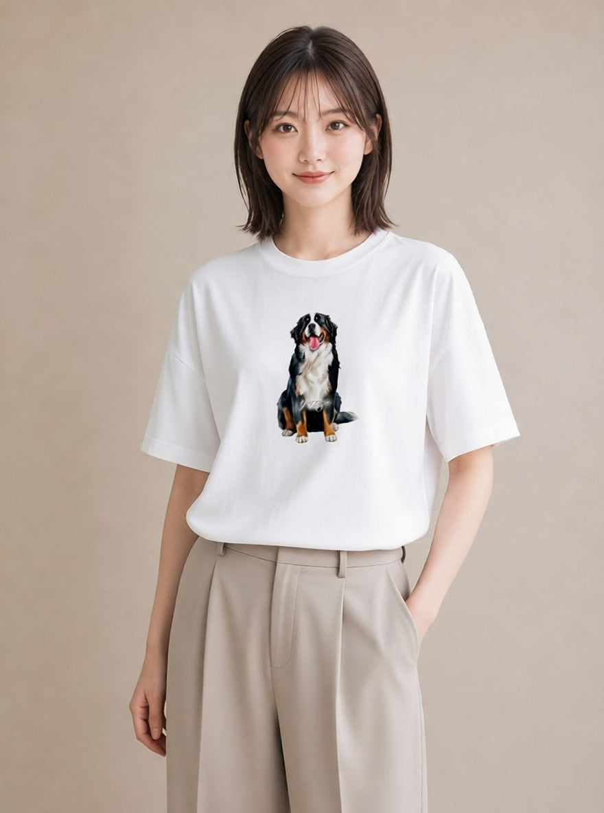 デザインTシャツ レディース バーニーズマウンテンドッグ 犬 いぬ イラスト レトロ ラフ レイヤード 白T YMAZO