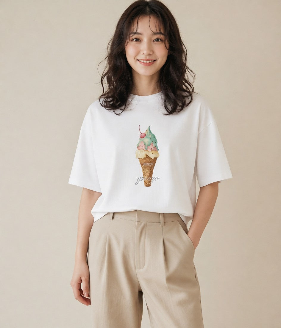 プリントTシャツ レディース キャンディ 食べ物 フード イラスト 上品 普段着 週末コーデ 白T YMAZO