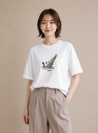Tシャツ レディース 小川 橋 せせらぎ ナチュラル アンティーク イラスト ゆるかわ デート 帰省 白T YMAZO