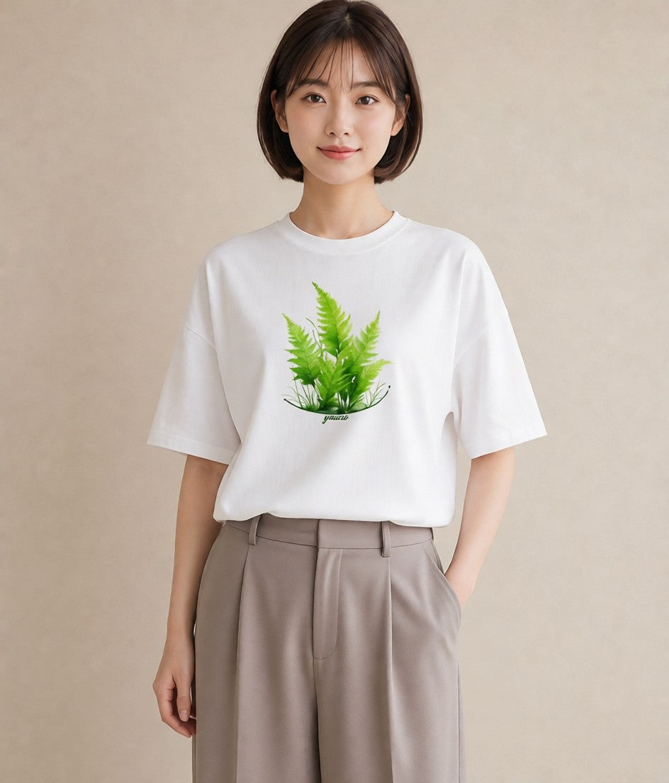 Tシャツ レディース 苔 植物 ボタニカル イラスト 旅行コーデ ミセス 春コーデ 白T YMAZO