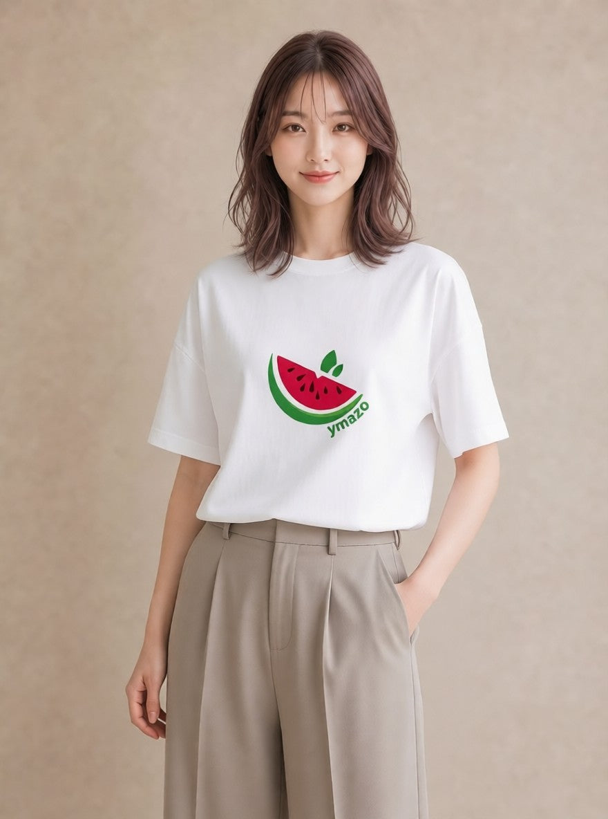 プリントTシャツ レディース すいか 食べ物 フード イラスト ヴィンテージ風 ママ カフェ服 白T YMAZO