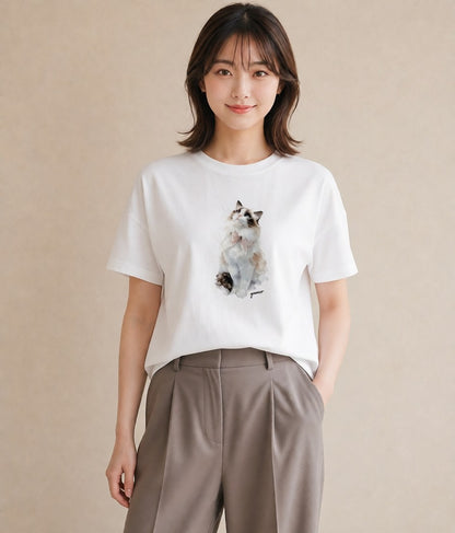グラフィックTシャツ レディース メインクーン 猫 ねこ イラスト ガーリー 誕生日プレゼント 綿100 白T YMAZO