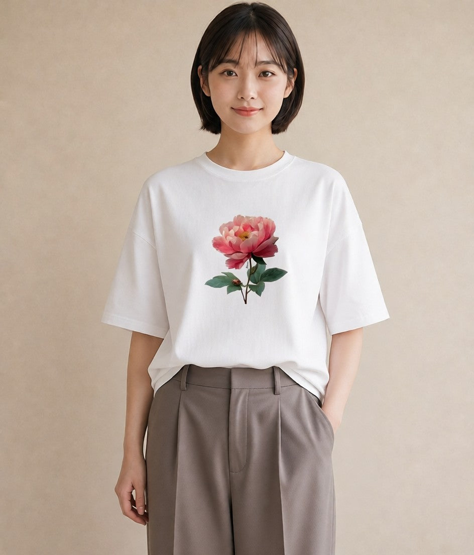 プリントTシャツ レディース 牡丹 花 花柄 イラスト こなれ感 春服 ミセス 白T YMAZO