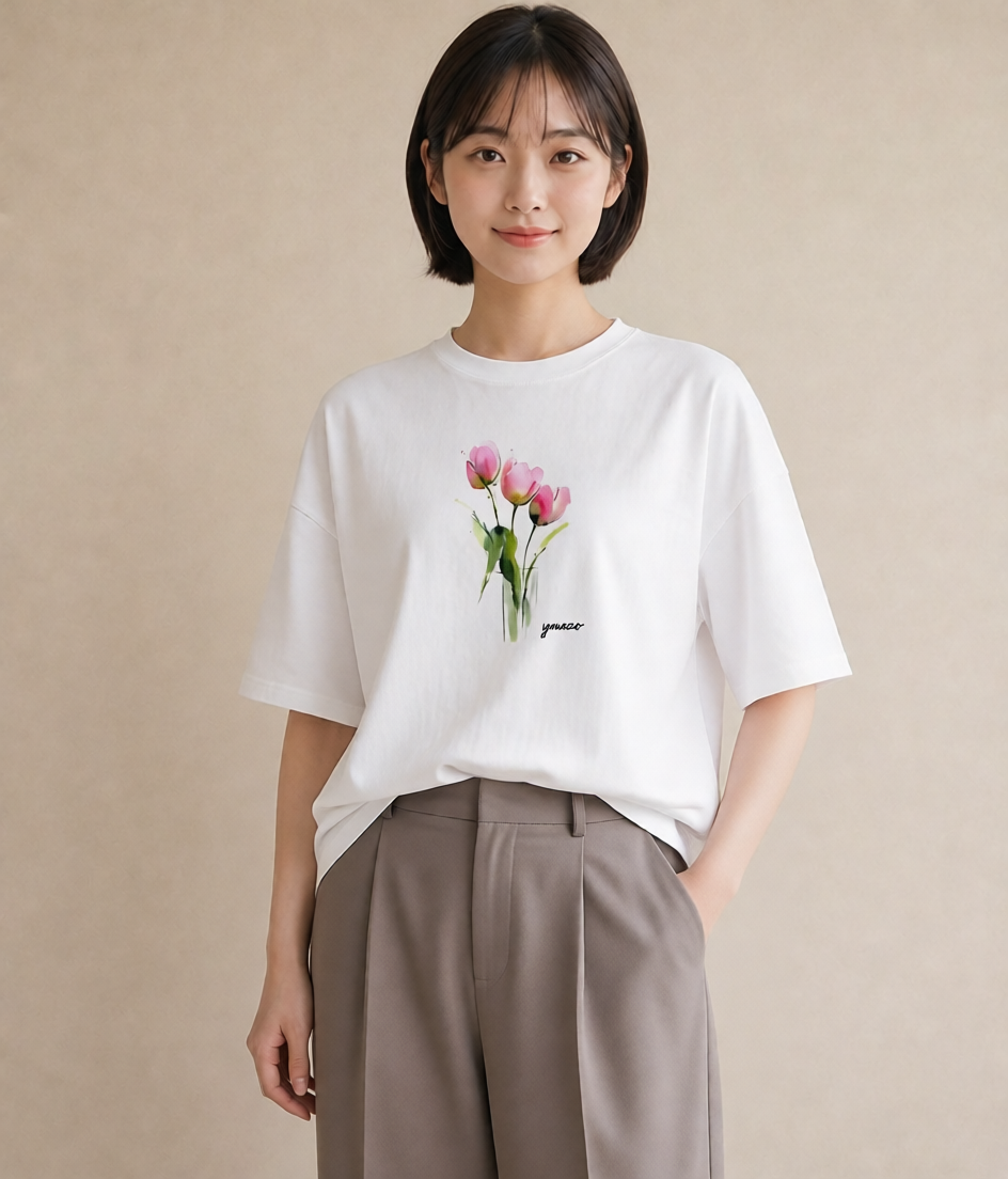デザインTシャツ レディース チューリップ 花 花柄 イラスト 春コーデ 姉妹 白T