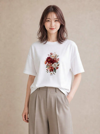 グラフィックTシャツ レディース ポスト 野の花 レトロ ナチュラル アンティーク イラスト 水彩風 ペアコーデ 秋コーデ 白T YMAZO