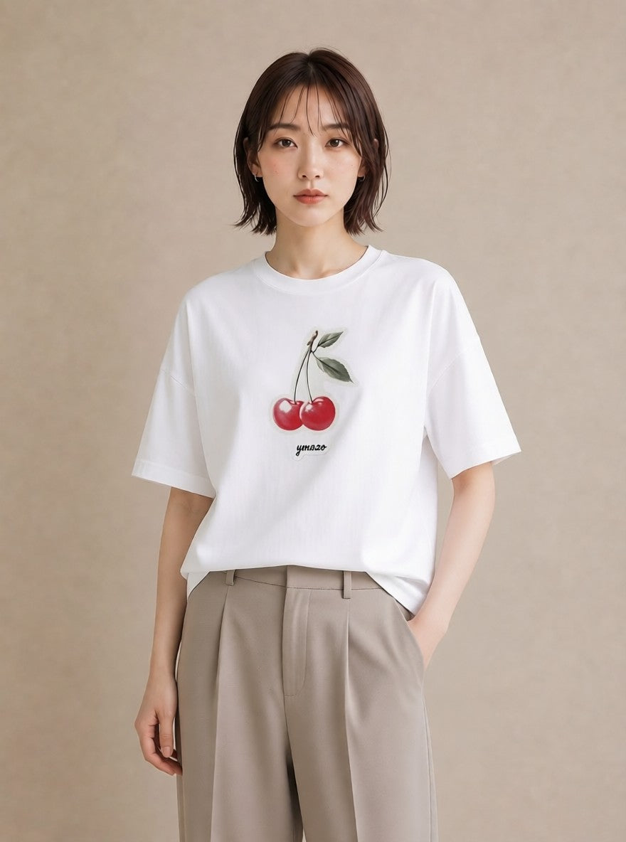 Tシャツ レディース りんご 林檎 アップル 食べ物 フード イラスト ボタニカル 夏コーデ 通学 白T YMAZO