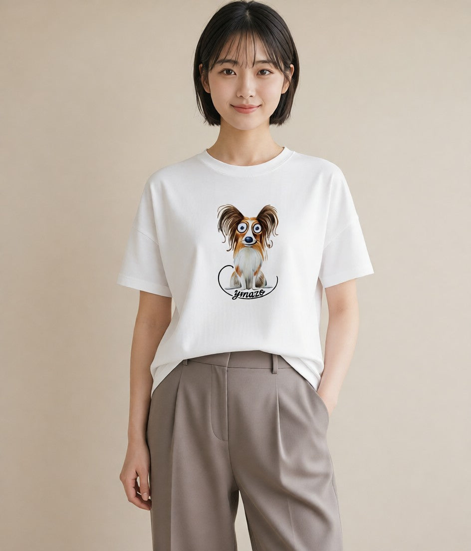 半袖Tシャツ レディース パピヨン 犬 いぬ イラスト アート風 20代 カジュアルコーデ 白T YMAZO