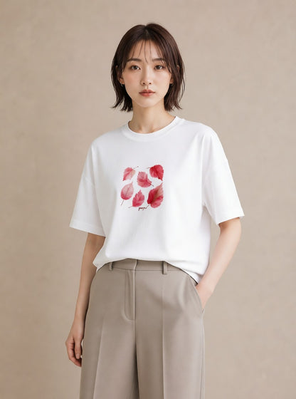プリントTシャツ レディース 落ち葉 植物 ボタニカル イラスト こなれ感 春服 ミセス 白T YMAZO