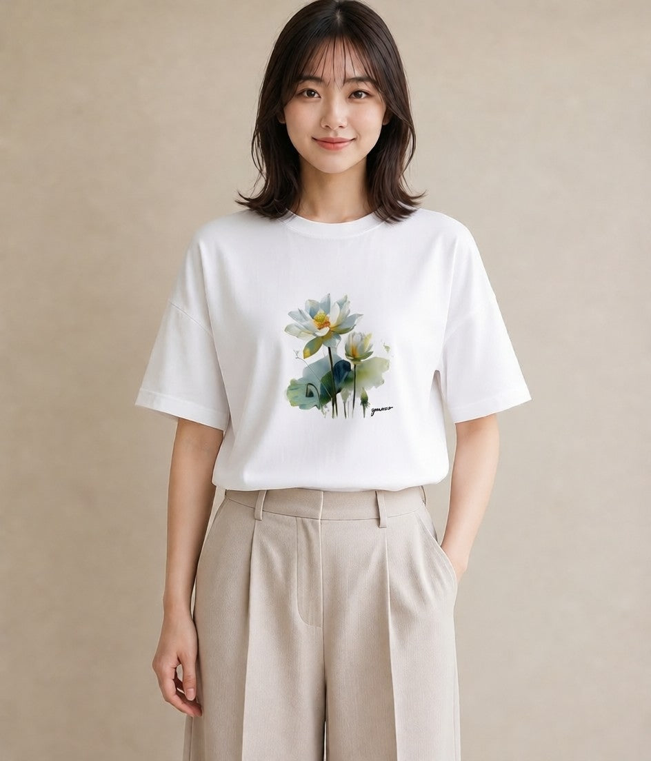 半袖Tシャツ レディース 蓮 花 花柄 イラスト 普段使い ホワイトデー 春服 白T YMAZO
