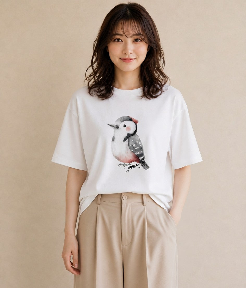 半袖Tシャツ レディース シマエナガ しまえなが 動物 アニマル イラスト カフェコーデ 在宅 公園 白T YMAZO