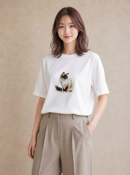 グラフィックTシャツ レディース 猫 ねこ イラスト ゆるコーデ カジュアルコーデ 買い物 白T YMAZO