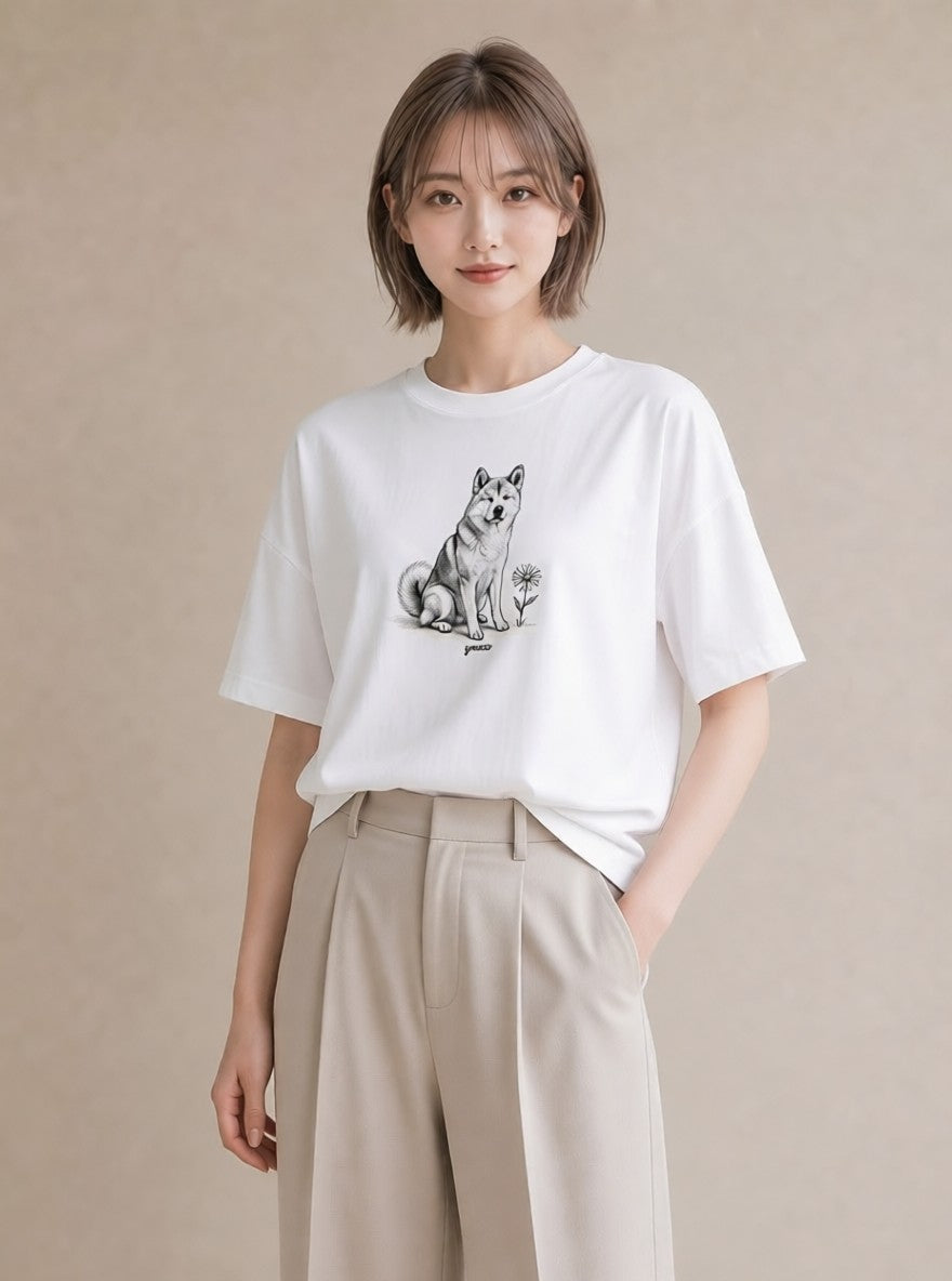 半袖Tシャツ レディース 秋田犬 犬 いぬ イラスト こなれ感 自分用 ルームウェア 白T YMAZO