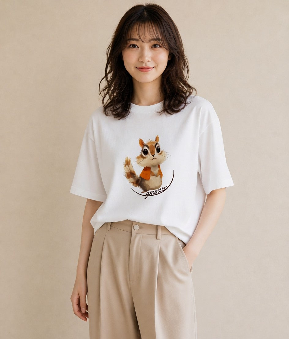 デザインTシャツ レディース リス ペット 動物 イラスト きれいめカジュアル 在宅 公園 白T YMAZO