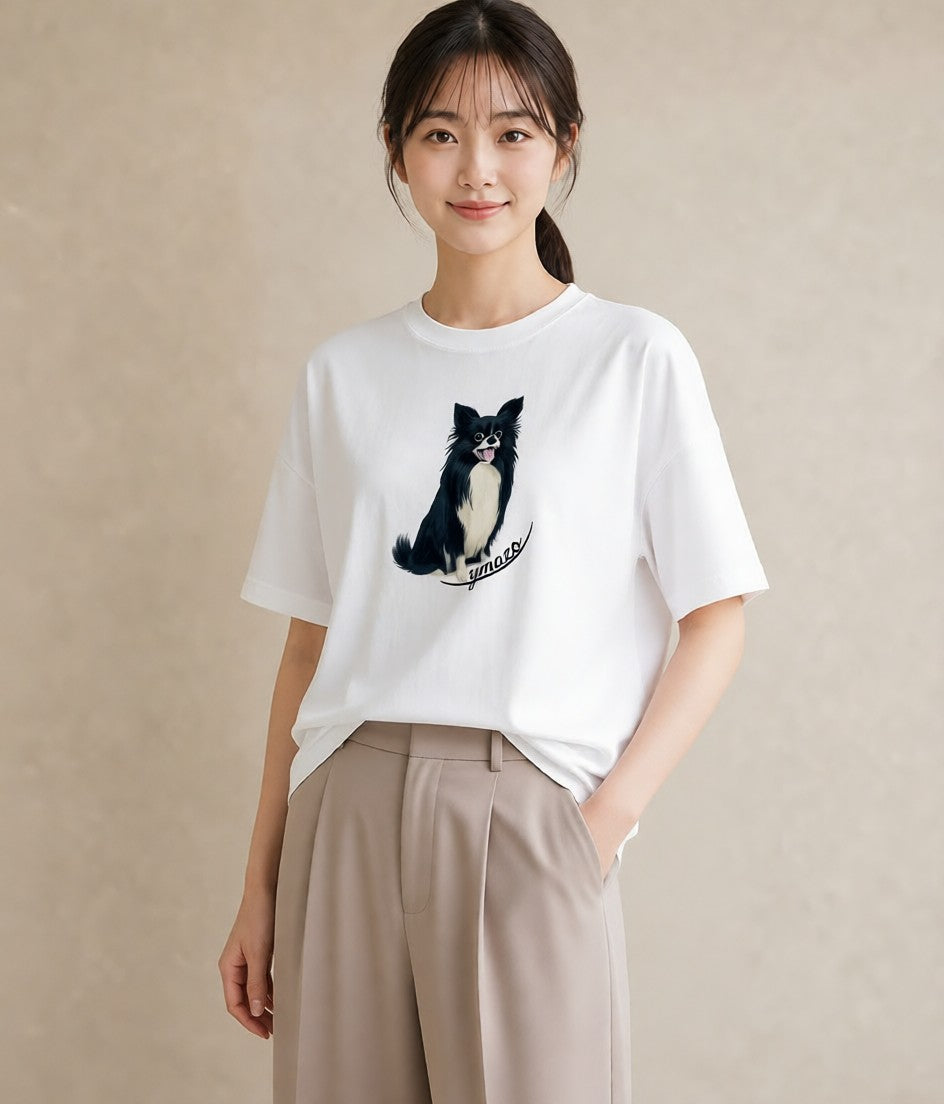 プリントTシャツ レディース ロングコートチワワ 犬 いぬ イラスト シック お出かけ 普段着 白T YMAZO