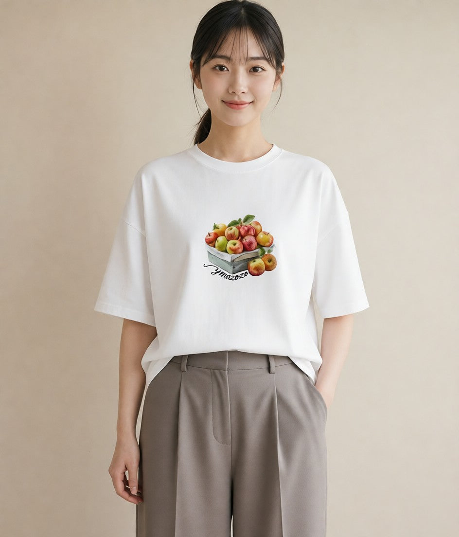 半袖Tシャツ レディース りんご 林檎 アップル 食べ物 フード イラスト こなれ感 女性 旅行用 白T YMAZO