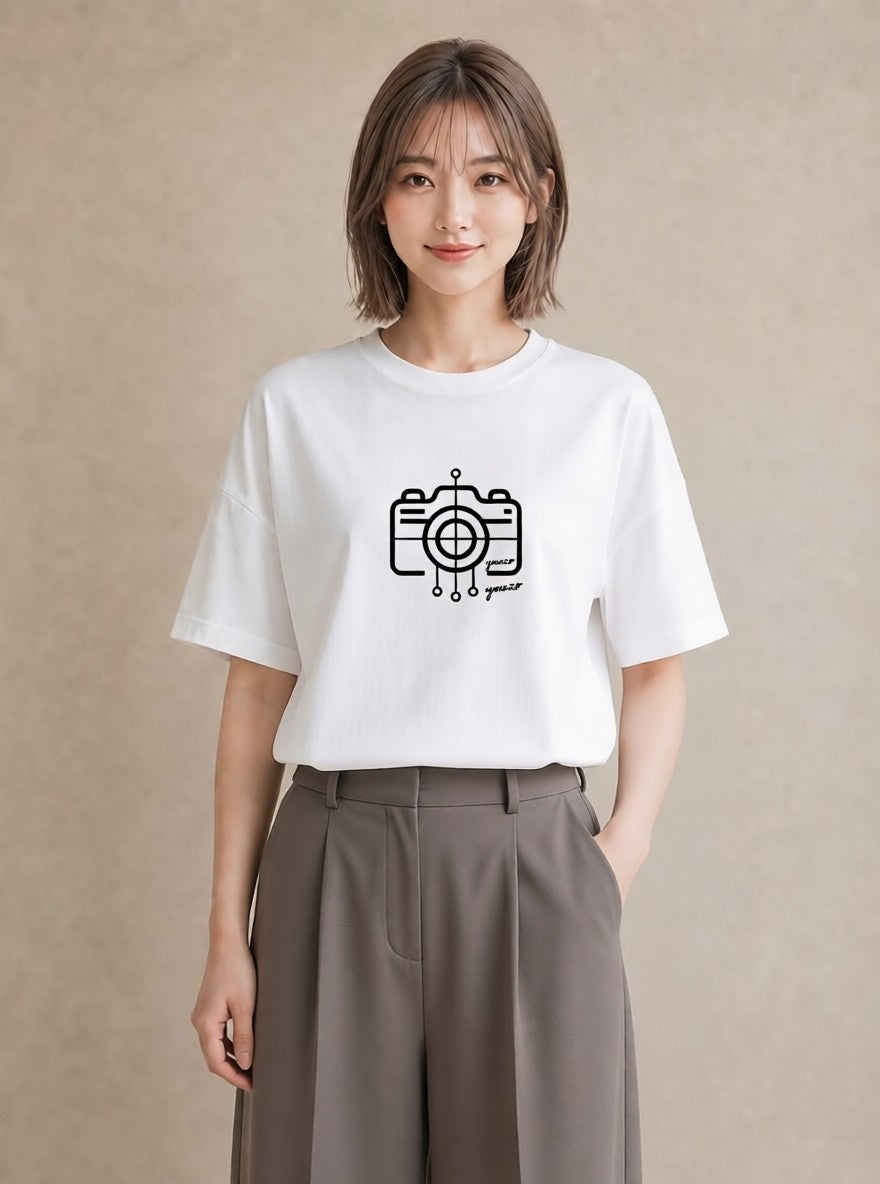 Tシャツ レディース カメラ フィルムカメラ レトロカメラ イラスト ヴィンテージ風 春服 ミセス 白T YMAZO