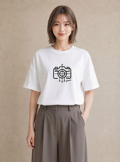 Tシャツ レディース カメラ フィルムカメラ レトロカメラ イラスト ヴィンテージ風 春服 ミセス 白T YMAZO