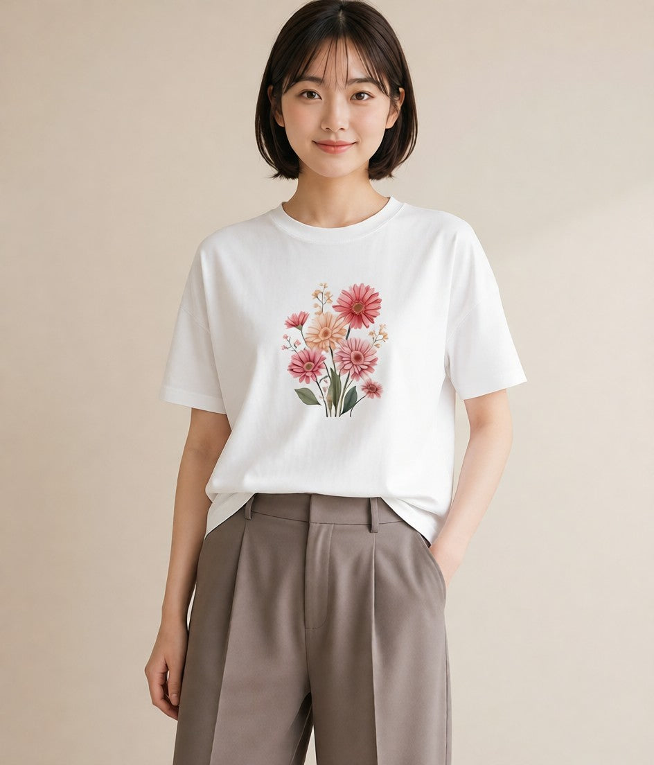 プリントTシャツ レディース マーガレット 花 花柄 イラスト ラフ 休日 ペアコーデ 白T YMAZO
