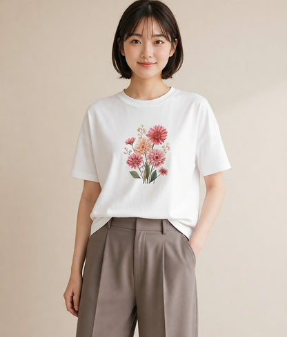 プリントTシャツ レディース マーガレット 花 花柄 イラスト ラフ 休日 ペアコーデ 白T YMAZO