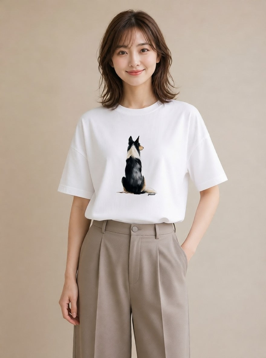 半袖Tシャツ レディース ボーダーコリー 犬 いぬ イラスト シンプル カフェ服 クリスマス 白T YMAZO