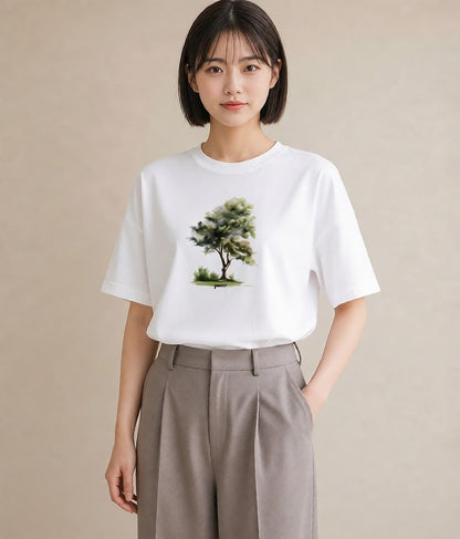 半袖Tシャツ レディース 青の水彩 風景 ブルー ナチュラル アンティーク イラスト シンプル 旅行 母娘コーデ 白T YMAZO