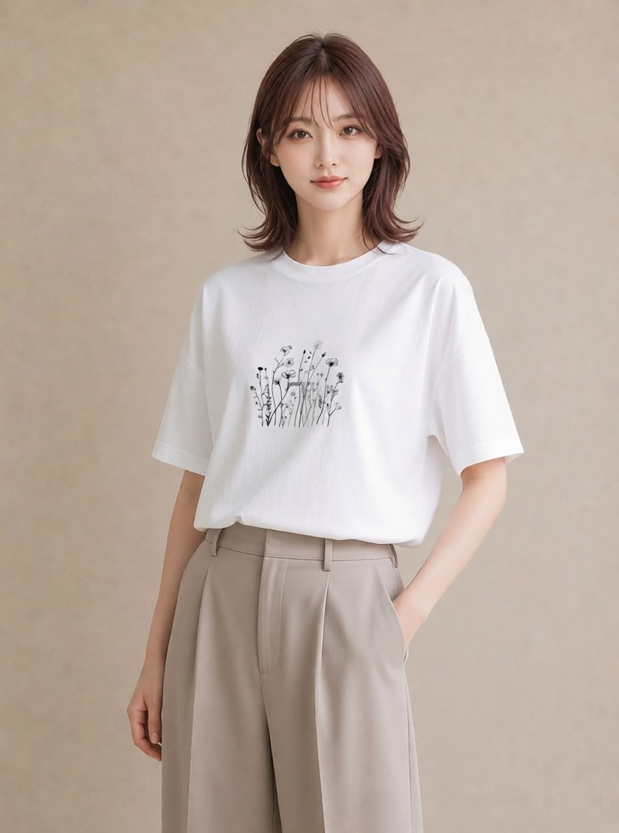 プリントTシャツ レディース 小花 花 フラワー イラスト ラフ 普段着 週末コーデ 白T YMAZO
