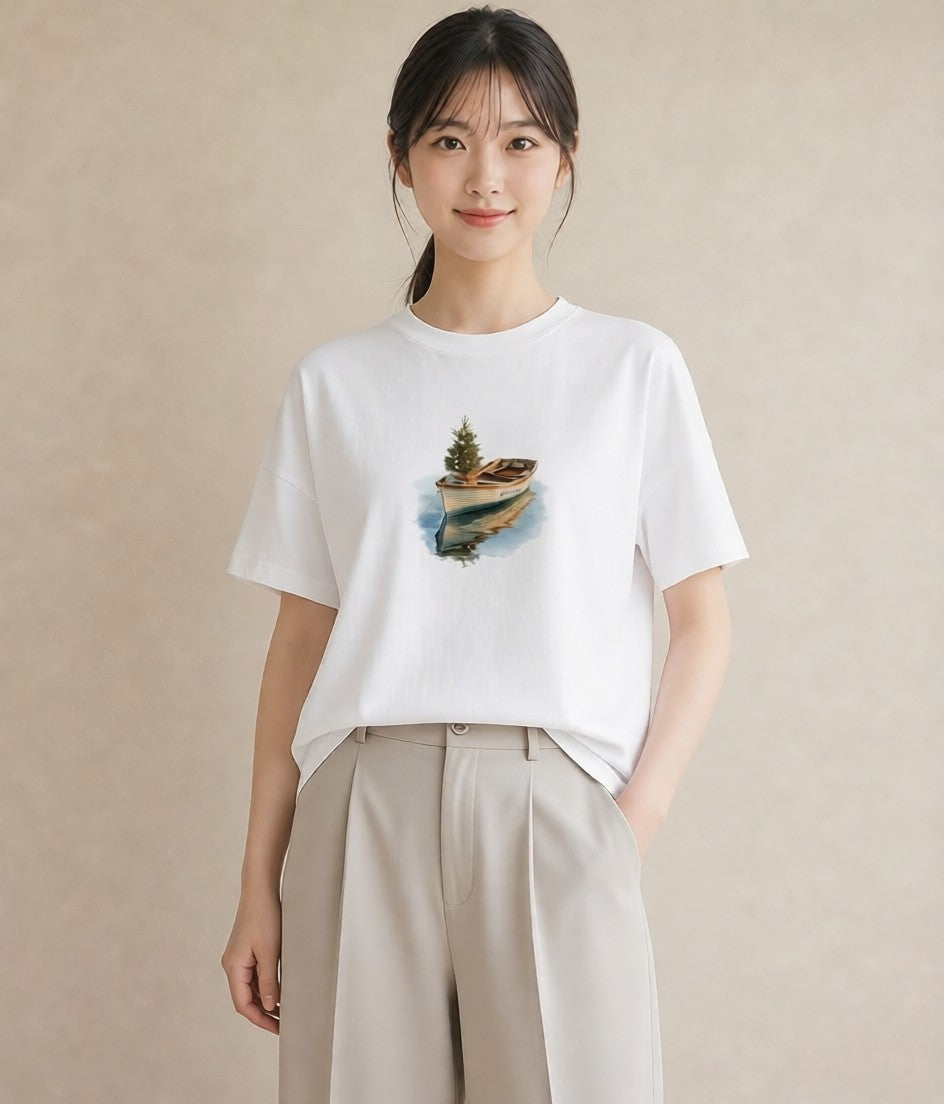 デザインTシャツ レディース 桟橋 水辺 波止場 ナチュラル アンティーク イラスト お洒落 春服 ミセス 白T YMAZO