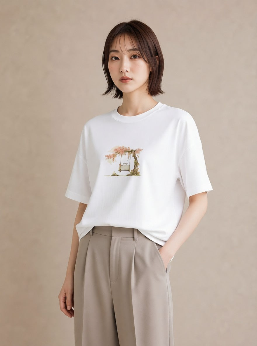 グラフィックTシャツ レディース 雨上がりのベンチ ベンチ ナチュラル アンティーク イラスト ラフカジュアル 秋コーデ おしゃれギフト 白T YMAZO