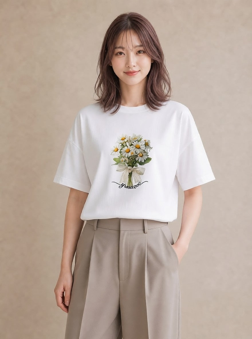 Tシャツ レディース マーガレット 花 花柄 イラスト きれいめ ギフト 母の日 白T YMAZO