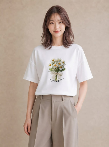 Tシャツ レディース マーガレット 花 花柄 イラスト きれいめ ギフト 母の日 白T YMAZO