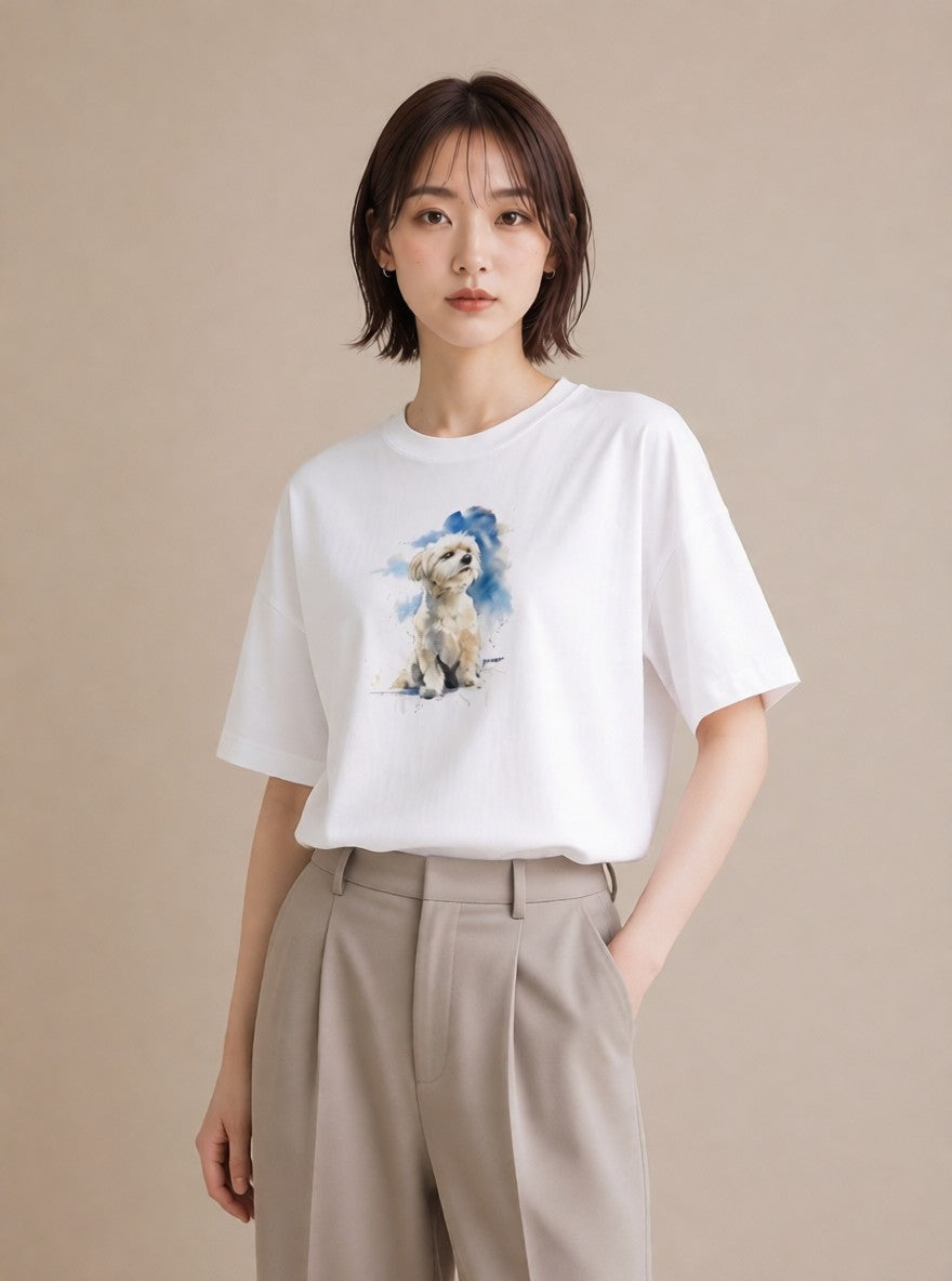 半袖Tシャツ レディース 保護犬 犬 いぬ イラスト カジュアル 旅行用 海 白T YMAZO