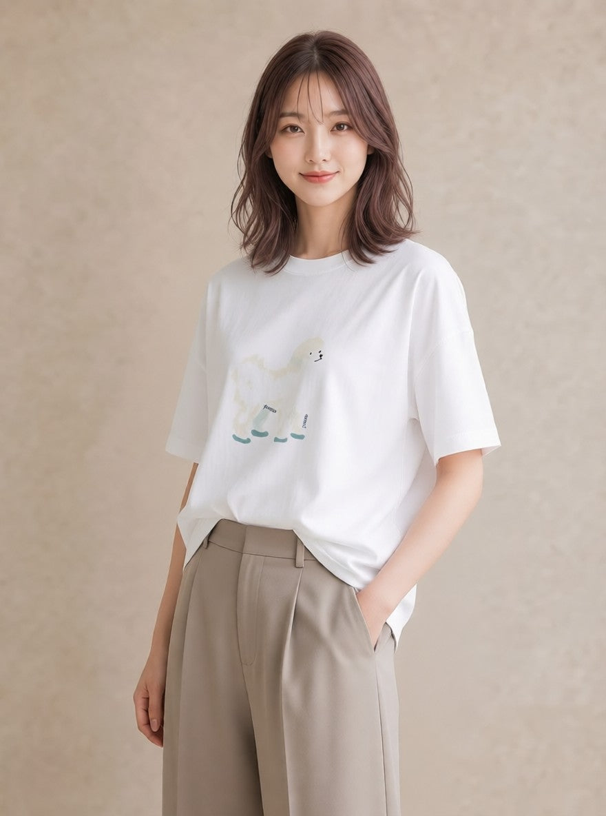 グラフィックTシャツ レディース ビションフリーゼ 犬 いぬ イラスト きれいめ 20代 カジュアルコーデ 白T YMAZO