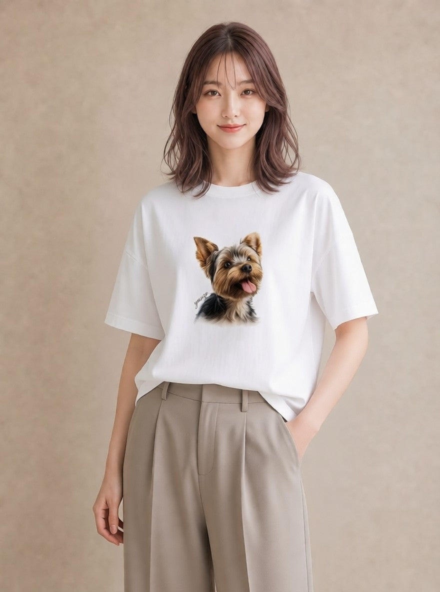 グラフィックTシャツ レディース ヨークシャーテリア 犬 いぬ イラスト 韓国風 誕生日プレゼント 綿100 白T YMAZO