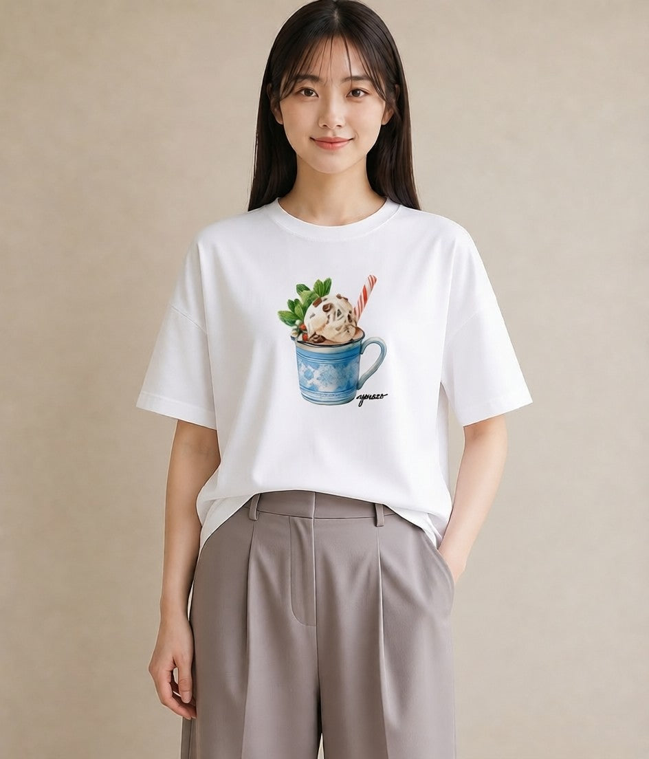グラフィックTシャツ レディース パフェ 食べ物 フード イラスト フェミニン デイリーウェア 休日 白T YMAZO