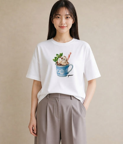 グラフィックTシャツ レディース パフェ 食べ物 フード イラスト フェミニン デイリーウェア 休日 白T YMAZO