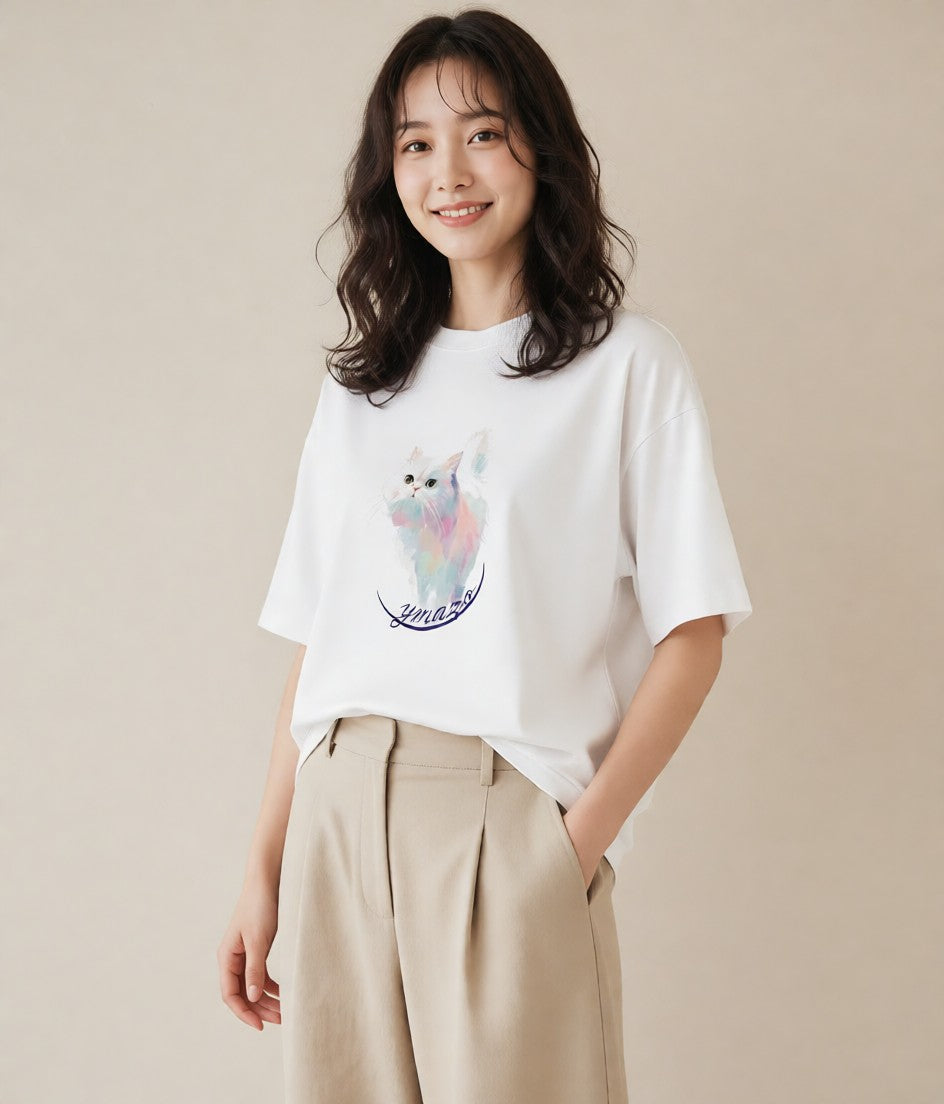 デザインTシャツ レディース 三毛猫 みけねこ 三毛 猫 ねこ イラスト シンプル ペアコーデ 秋コーデ 白T YMAZO