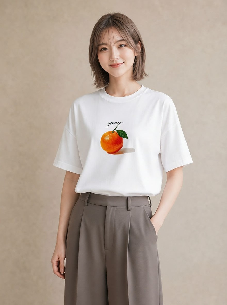 デザインTシャツ レディース みかん 食べ物 フード イラスト 手描き風 誕生日プレゼント 綿100 白T YMAZO