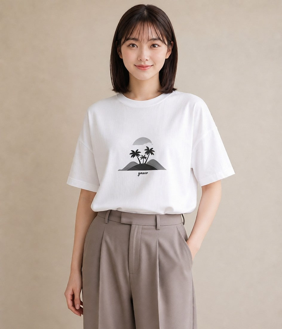 半袖Tシャツ レディース 海 リゾート 夏 イラスト 水彩風 カフェ服 クリスマス 白T YMAZO